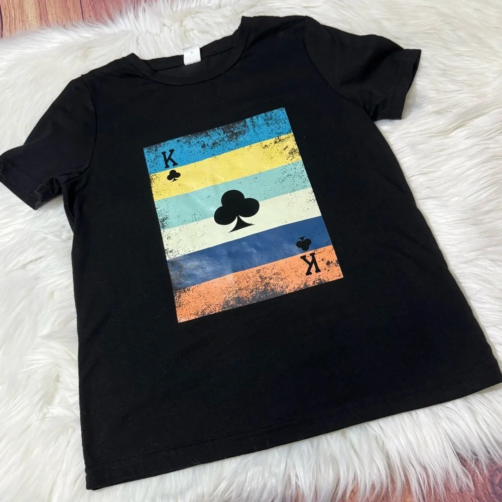 SHEIN Youth Boy Size 7Y Black Short Sleeve Tee with Colorful Card Design